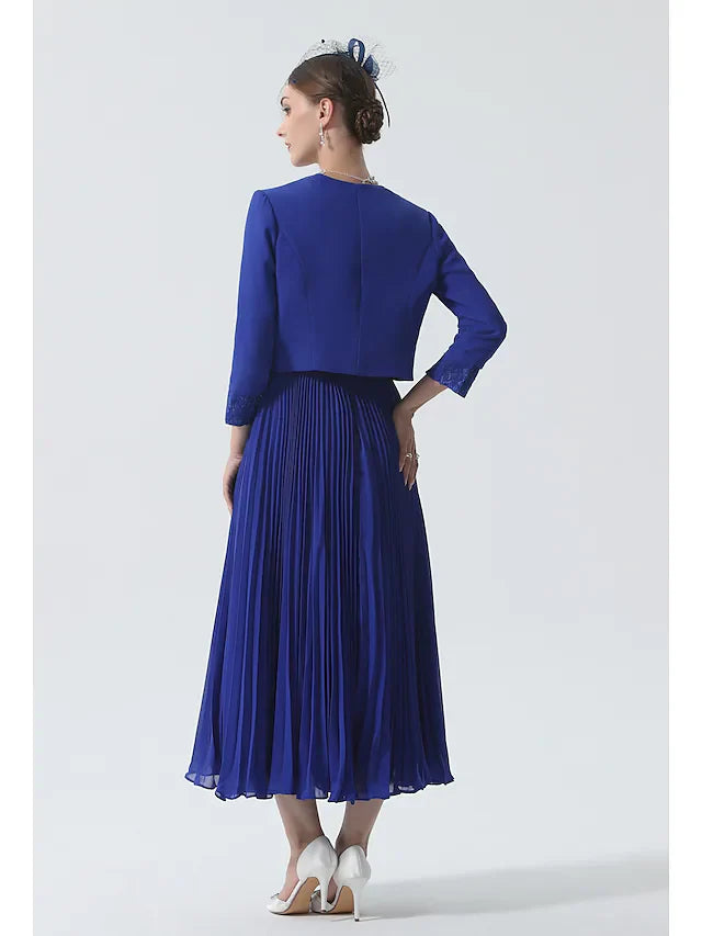 Wholesale Two Piece Mother of the Bride Dress Elegant & Luxurious Wrap Included Scoop Neck Tea Length Chiffon 3/4 Length Sleeve with Lace Ruching