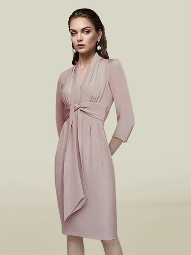 Wholesale Mother of the Bride Dress Elegant V Neck Knee Length Charmeuse Length Sleeve with Sash Ribbon Pleats
