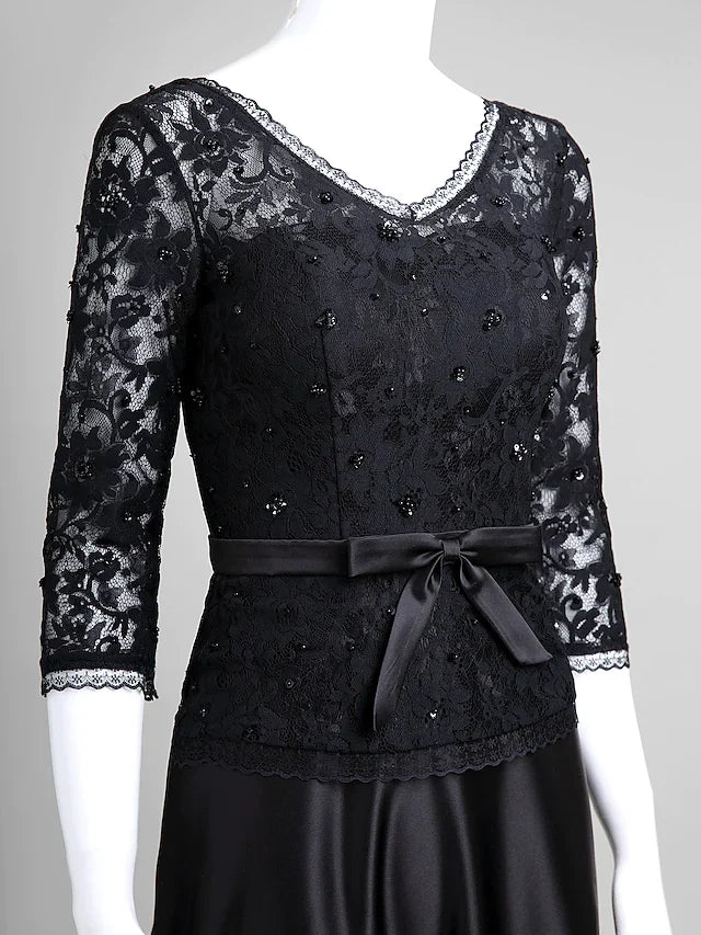 Wholesale A-Line Mother of the Bride Dress Open Back V Neck Floor Length Lace Satin Half Sleeve with Lace Bow(s)