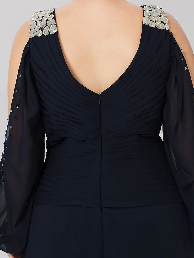 Wholesale Mother of the Bride Dress Classic & Timeless Elegant & Luxurious Plus Size V Neck Asymmetrical Chiffon Stretch Satin Long Sleeve with Criss Cross Crystals