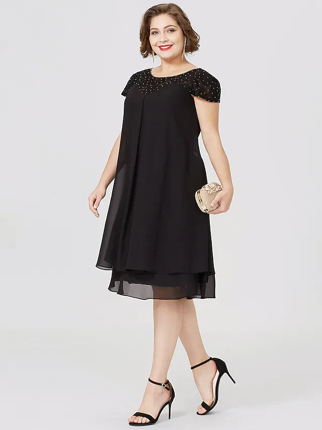 Wholesale Mother of the Bride Dress Little Black Dress Plus Size See Through Jewel Neck Knee Length Chiffon Lace Short Sleeve with Pleats Beading Lace Insert