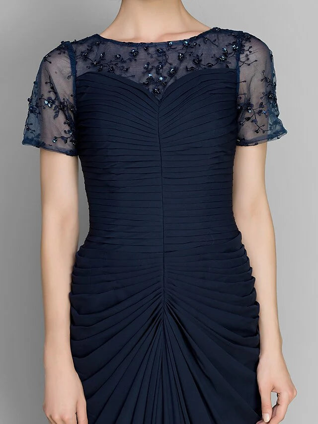 Wholesale Mother of the Bride Dress Elegant Bateau Neck Floor Length Chiffon Short Sleeve with Ruched Beading