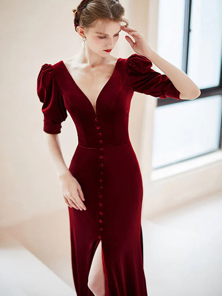 Wholesale Burgundy V-neck Short Sleeve Velvet Mermaid Long Formal Prom Dress