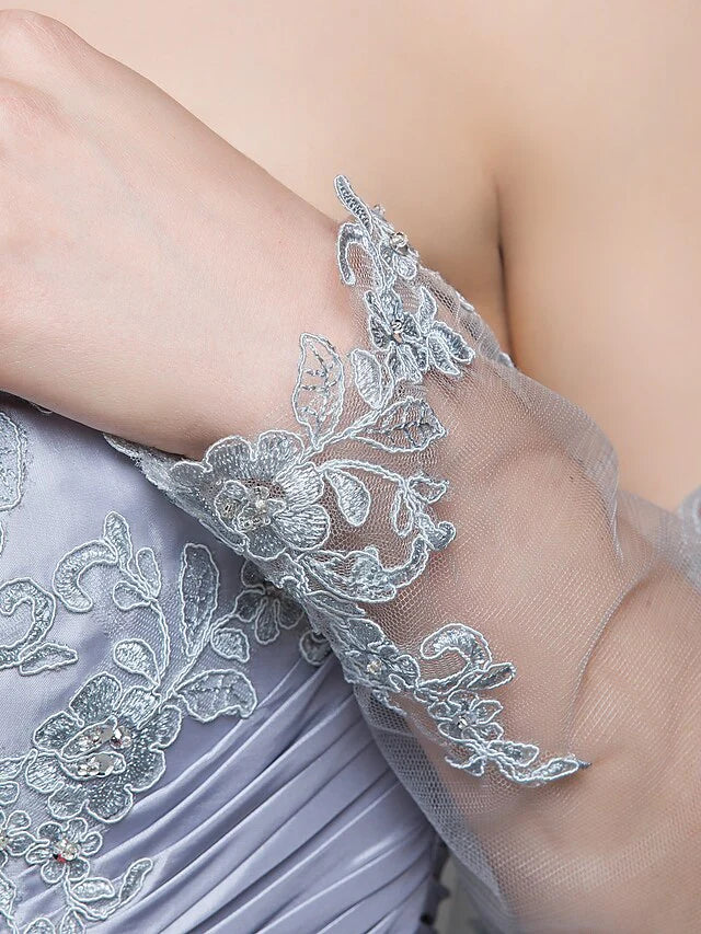 Wholesale Mother of the Bride Dress Wrap Included Strapless Floor Length Lace Taffeta Long Sleeve with Ruched Beading Appliques