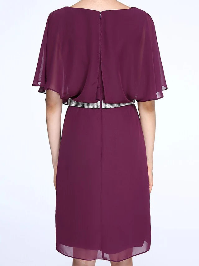 Wholesale Mother of the Bride Dress Elegant Bateau Neck Knee Length Chiffon Half Sleeve with Crystals
