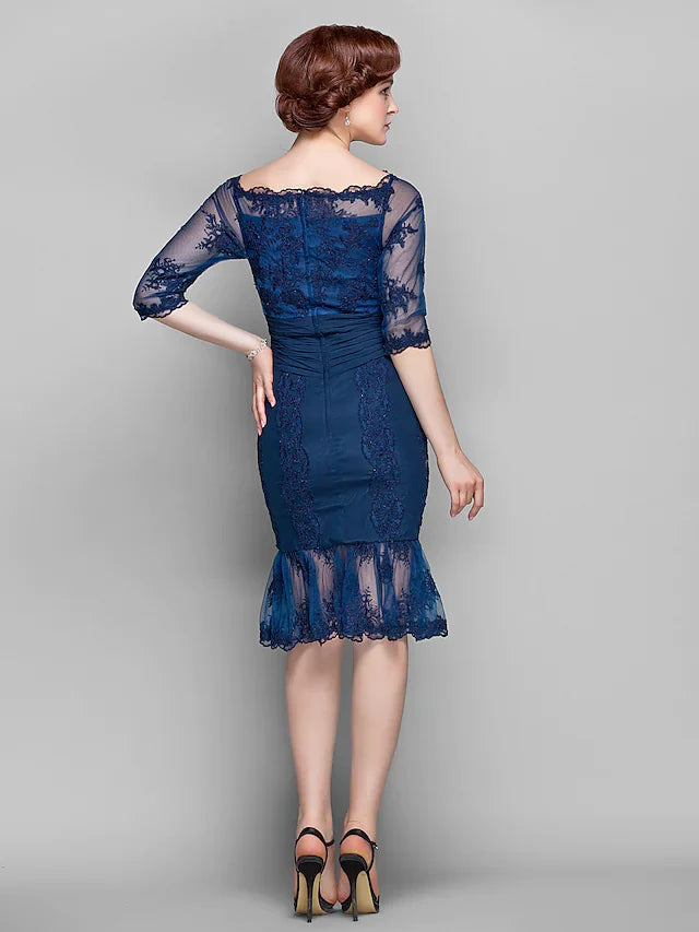 Wholesale Mother of the Bride Dress Vintage Inspired Off Shoulder Knee Length Chiffon Tulle Half Sleeve with Ruched Appliques