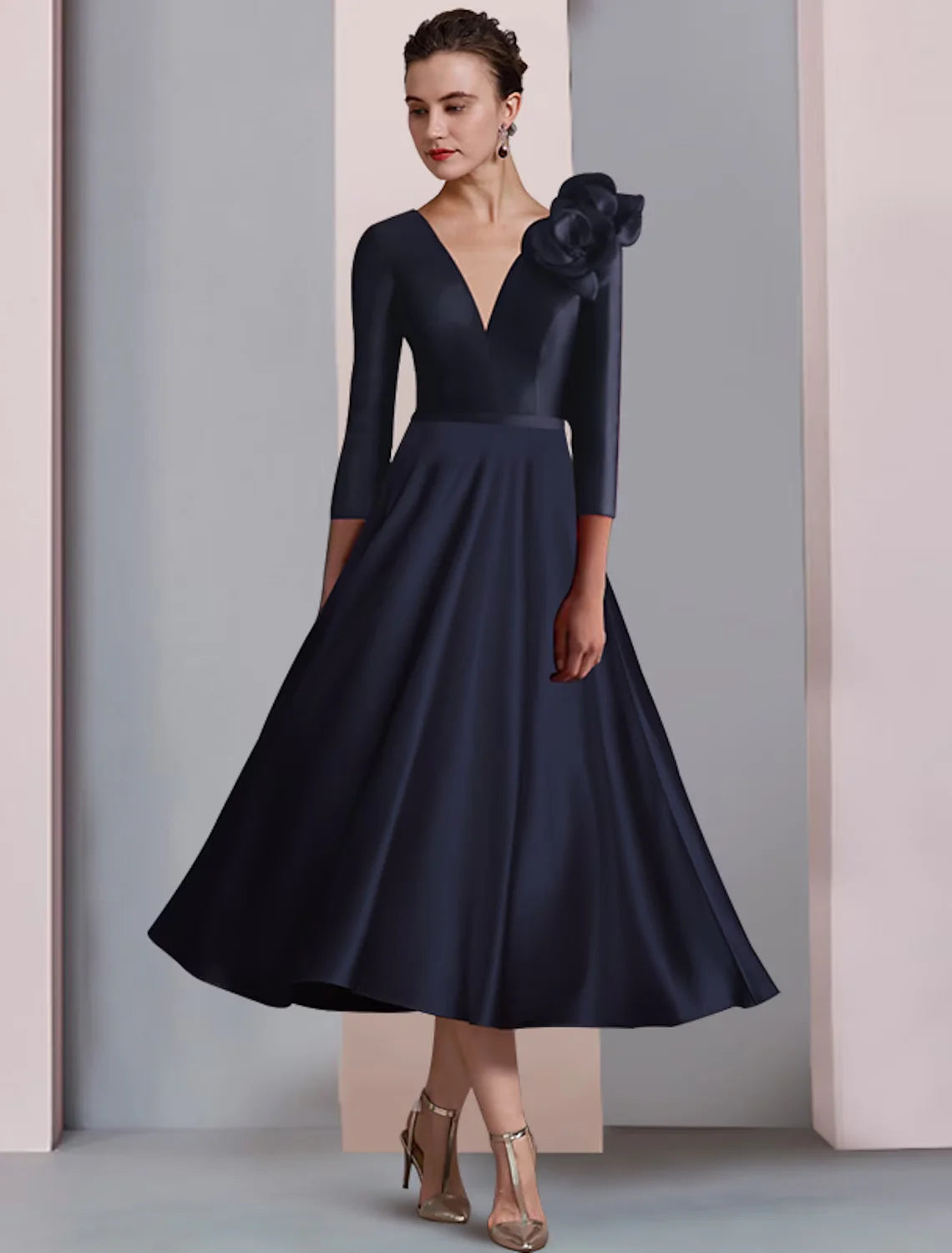Wholesale A-Line Mother of the Bride Dress Wedding Guest Elegant V Neck Tea Length Satin 3/4 Length Sleeve with Pleats Flower