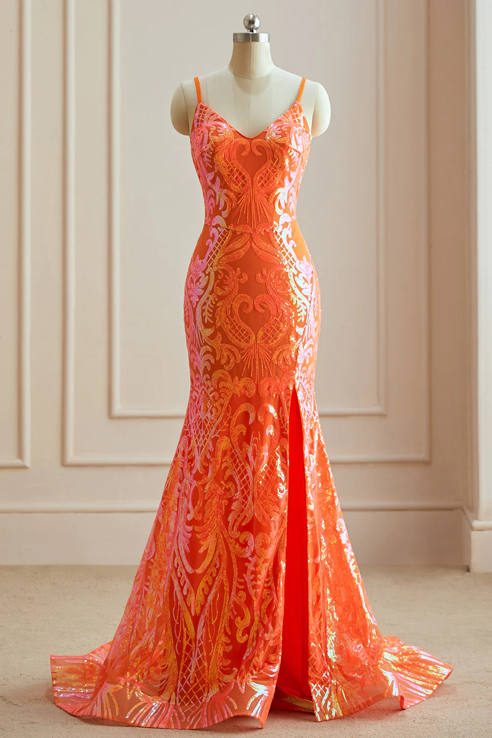 Wholesale Excellent Orange Mermaid Spaghetti Straps Sequins Split Prom Dress