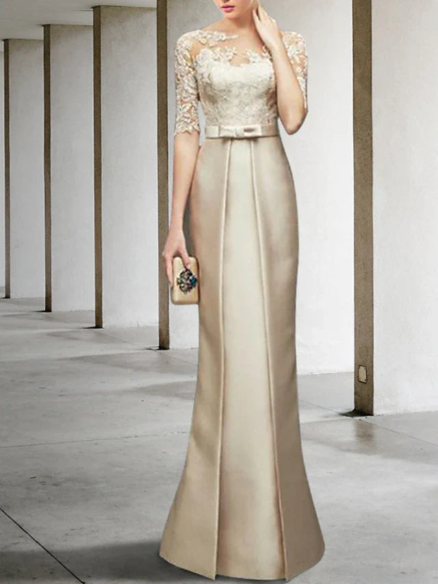 Wholesale Mermaid / Trumpet Mother of the Bride Dress Elegant Jewel Neck Knee Length Satin Lace Half Sleeve with Bow(s) Appliques