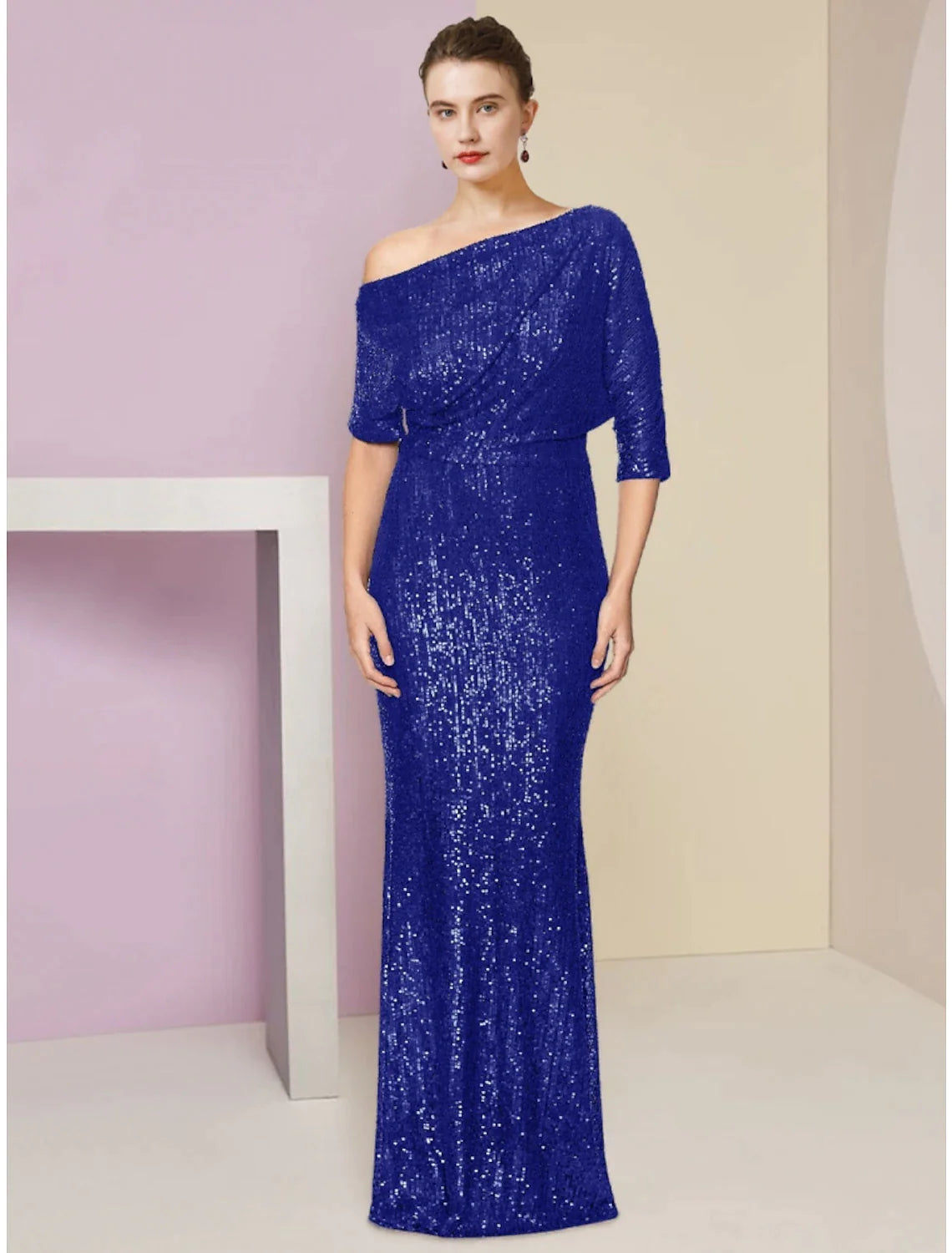 Wholesale Sheath / Column Mother of the Bride Dress Wedding Guest Sparkle & Shine Elegant Off Shoulder Sweep / Brush Train Sequined Half Sleeve with Sequin Ruching Solid Color