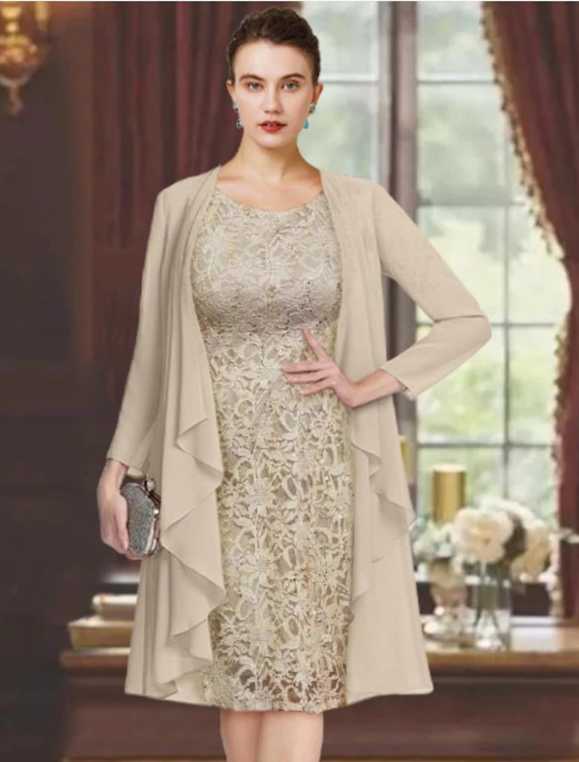 Wholesale  Two Piece Sheath / Column Mother of the Bride Dress Formal Wedding Guest Elegant Scoop Neck Knee Length Chiffon Lace Short Sleeve Jacket Dresses with Solid