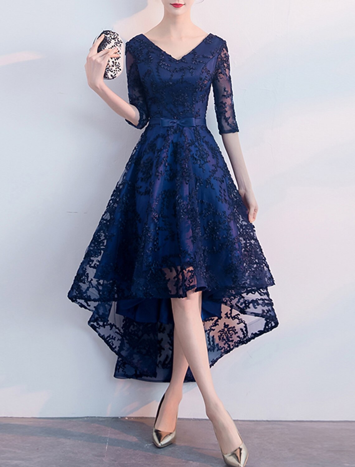 Wholesale A-Line Cocktail Dresses Minimalist Dress Wedding Guest Party Wear Asymmetrical Half Sleeve V Neck Tulle with Pleats