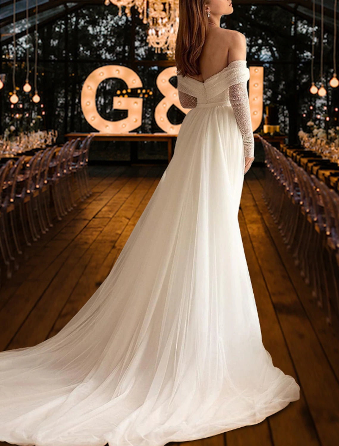 Wholesale Beach Simple Glitter & Sparkle Wedding Dresses Mermaid / Trumpet Off Shoulder Long Sleeve Court Train Sequined OverSkirts Bridal Gowns With Ruched Sequin