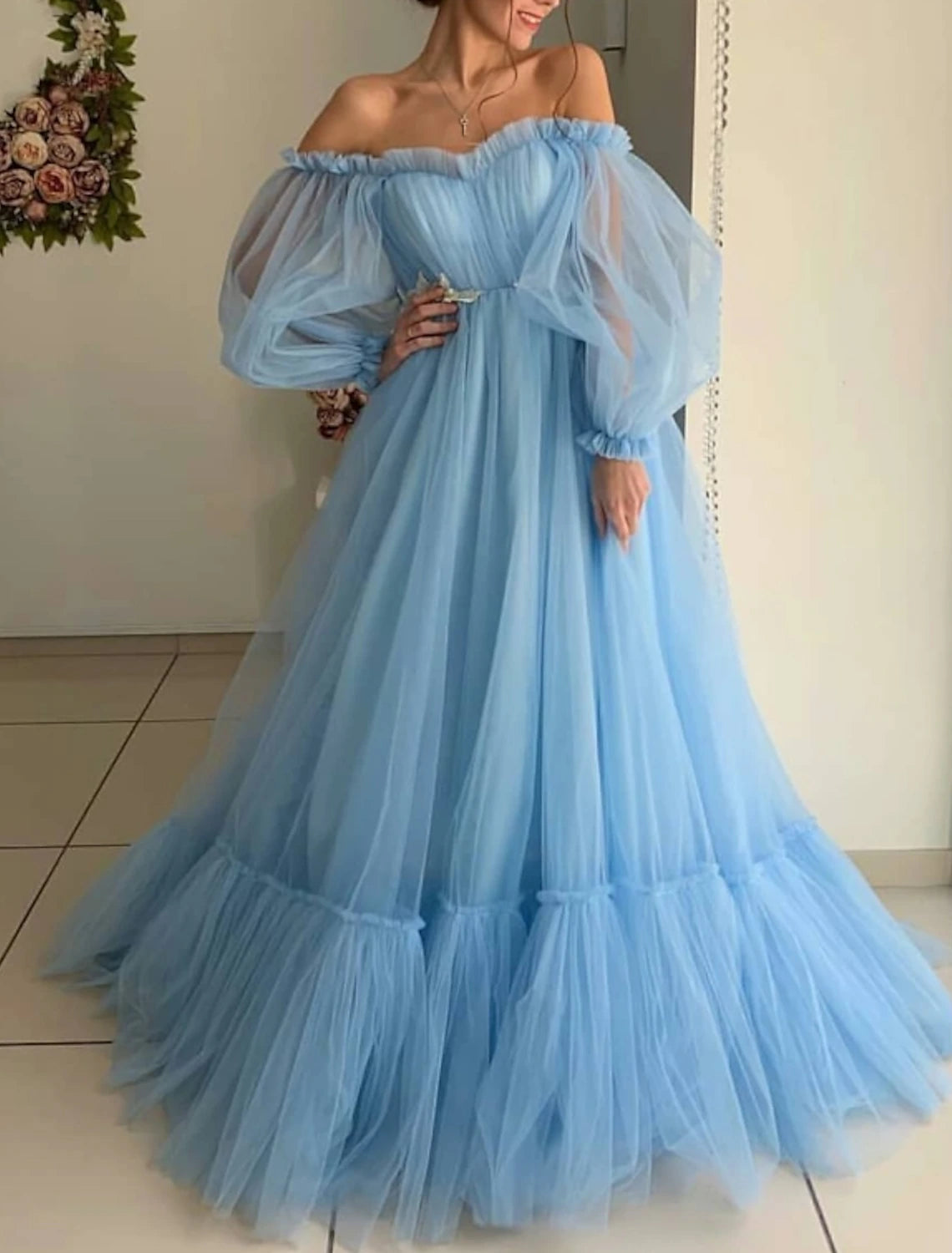 Wholesale  A-Line Minimalist Elegant Engagement Prom Dress Off Shoulder Long Sleeve Floor Length Tulle with Pleats Appliques