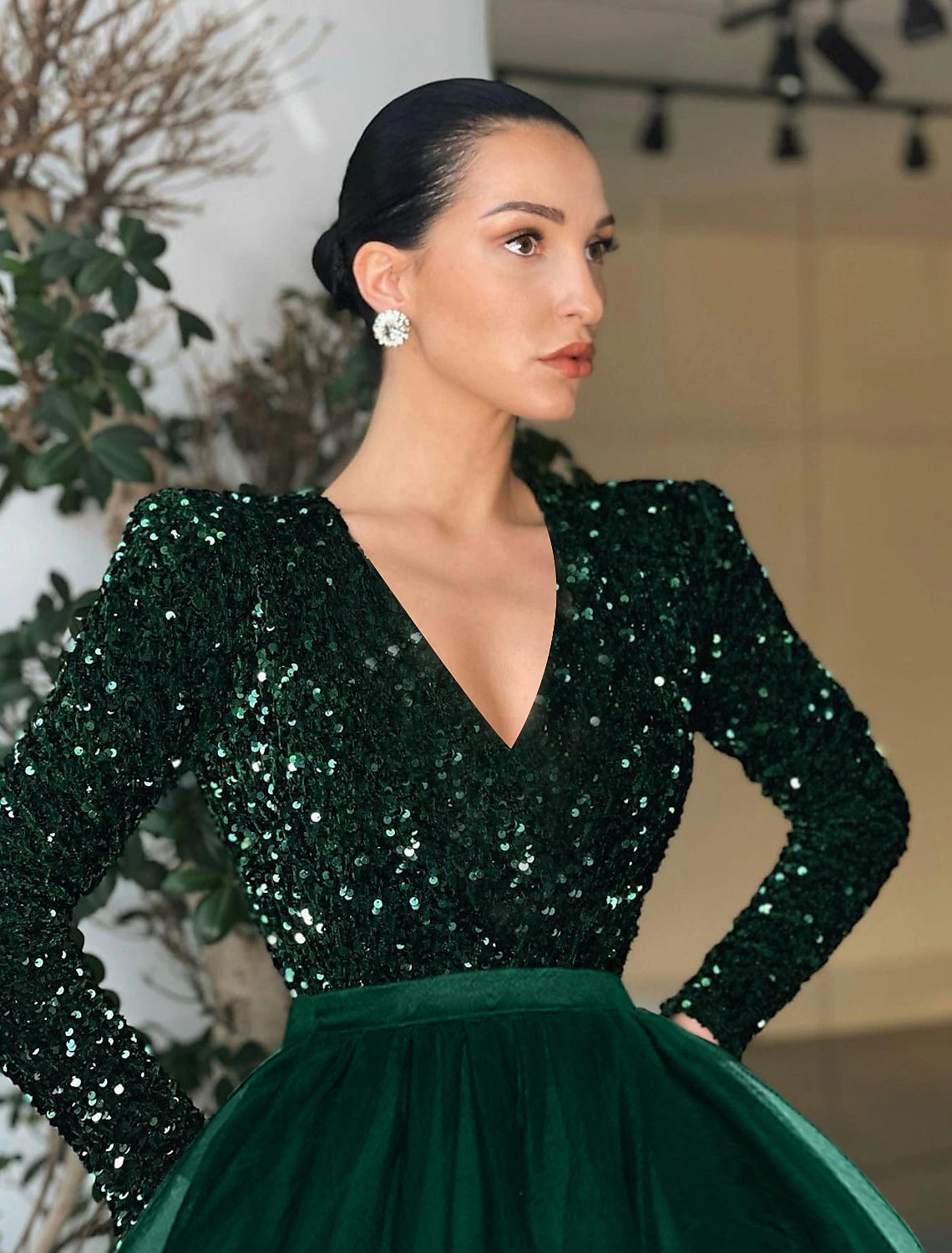 Wholesale Ball Gown A-Line Cocktail Dress Christmas Red Green Dresses Vintage Dress Evening Party Cocktail Party Tea Length Long Sleeve Jewel Neck Fall Wedding Guest Tulle with Sequin