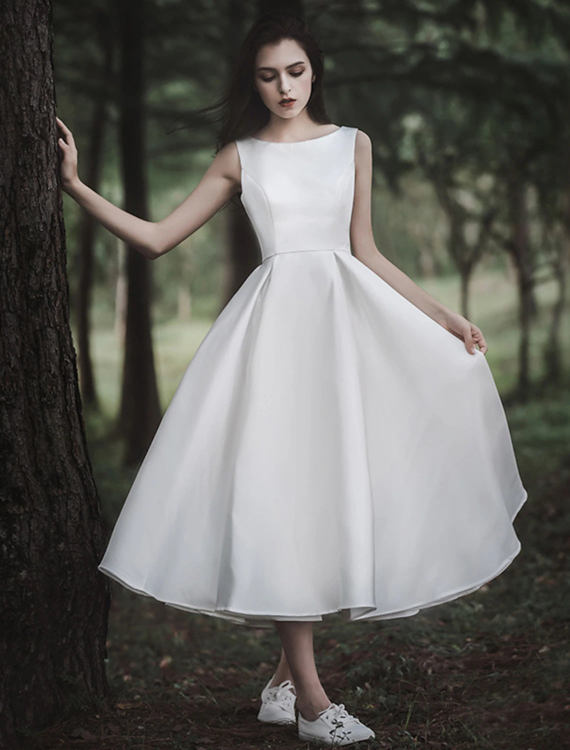 Wholesale  Reception Little White Dresses Wedding Dresses A-Line Scoop Neck Sleeveless Tea Length Satin Bridal Gowns With Solid
