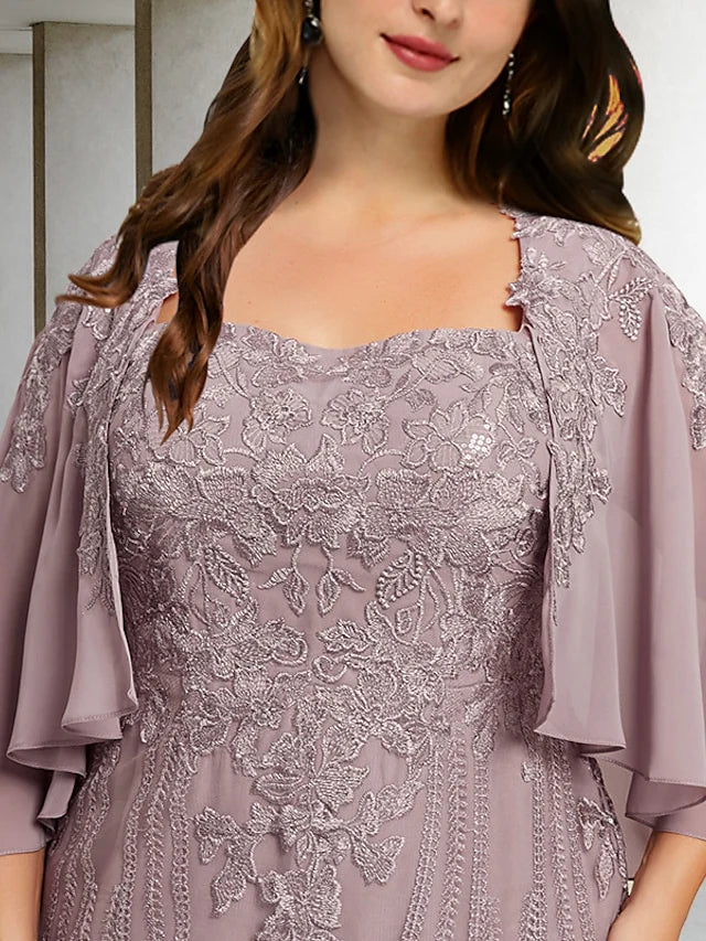 Wholesale Sheath / Column Plus Size Curve Mother of the Bride Dresses Elegant Dress Formal Tea Length Sleeveless Square Neck Chiffon with Beading Appliques