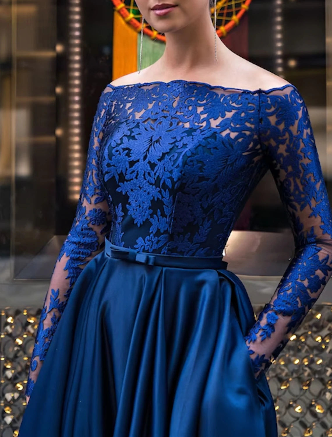 Wholesale A-Line Evening Gown Party Dress Christmas Red Green Dress Elegant Dress Wedding Guest Fall Floor Length Long Sleeve Off Shoulder Belt / Sash Satin with Appliques