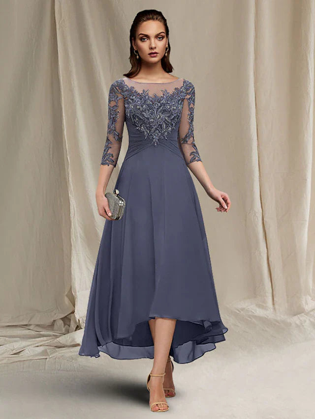 Wholesale A-Line Mother of the Bride Dress Elegant High Low Jewel Neck Asymmetrical Tea Length Chiffon Lace Short Sleeve Wrap Included with Ruched Sequin Appliques
