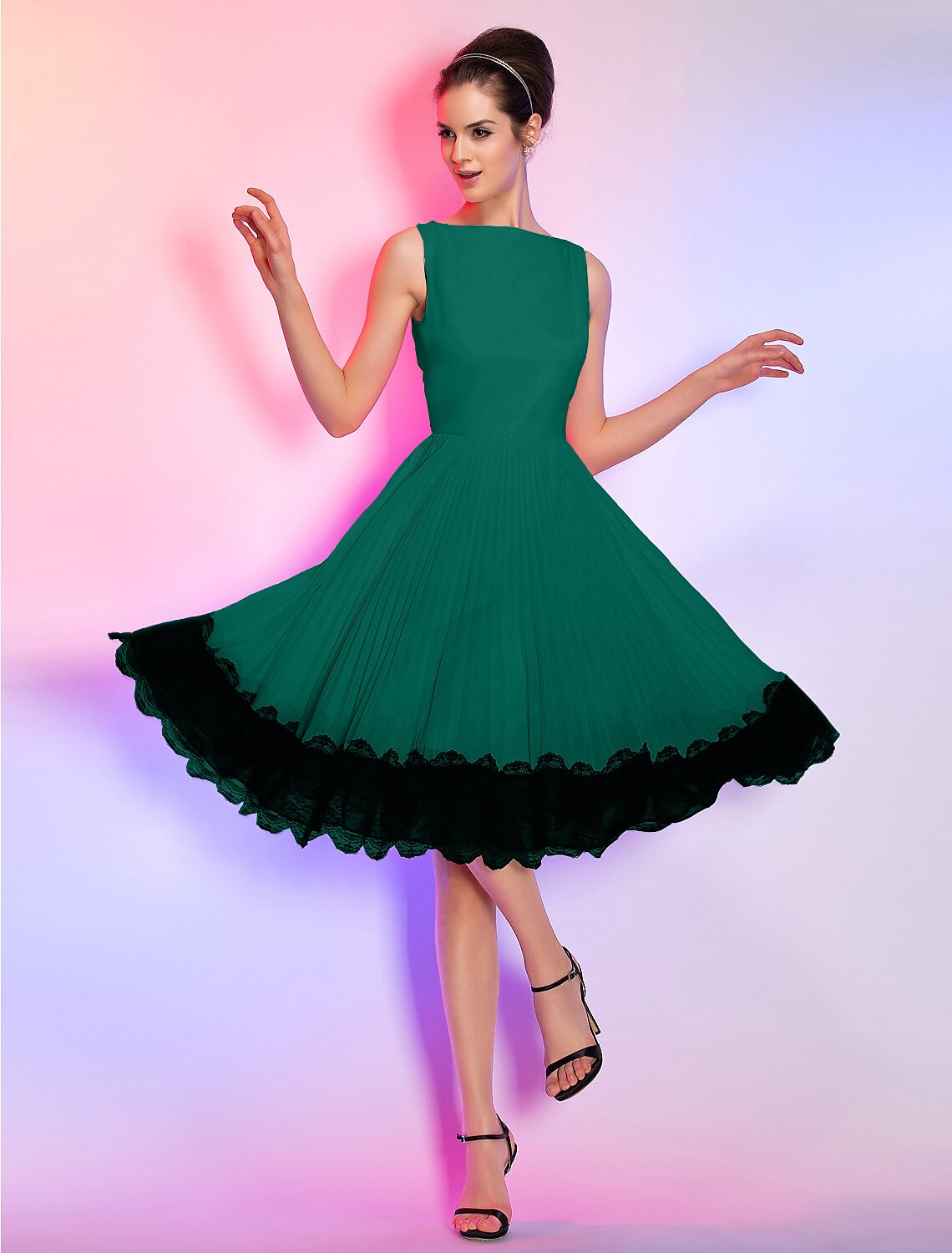 Wholesale A-Line Vintage Dress Homecoming Graduation Knee Length Sleeveless Boat Neck Pink Dress Chiffon with Lace