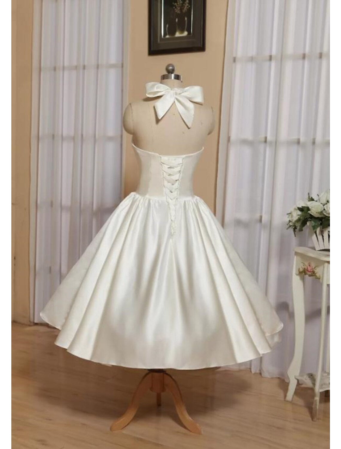 Wholesale Ball Gown A-Line Cocktail Dresses Minimalist Dress Wedding Guest Engagement Tea Length Sleeveless Halter Neck Italy Satin with Butterfly Pure Color