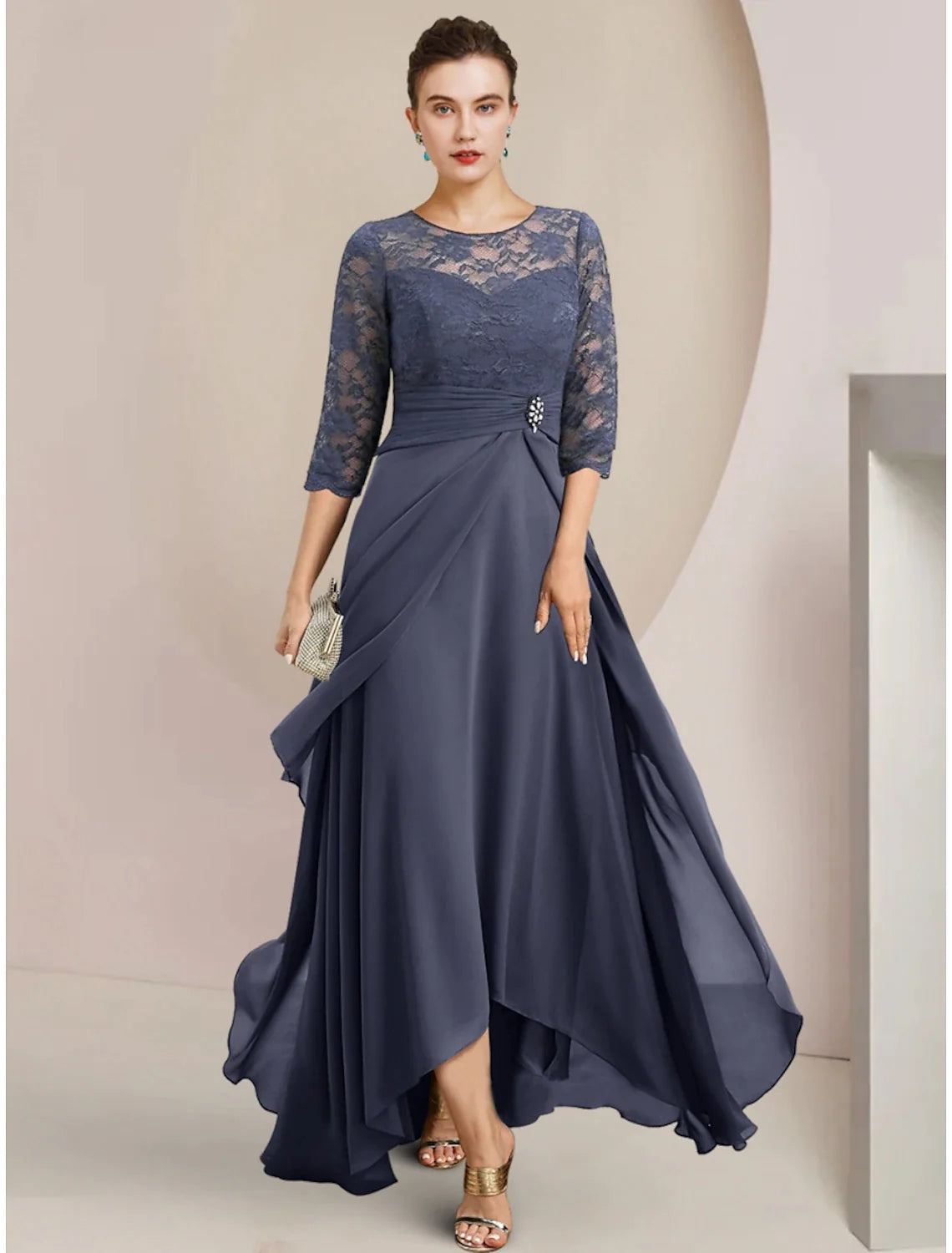 Wholesale A-Line Mother of the Bride Dress Wedding Guest Elegant Jewel Neck Asymmetrical Chiffon Half Sleeve with Lace Crystal Brooch Ruching