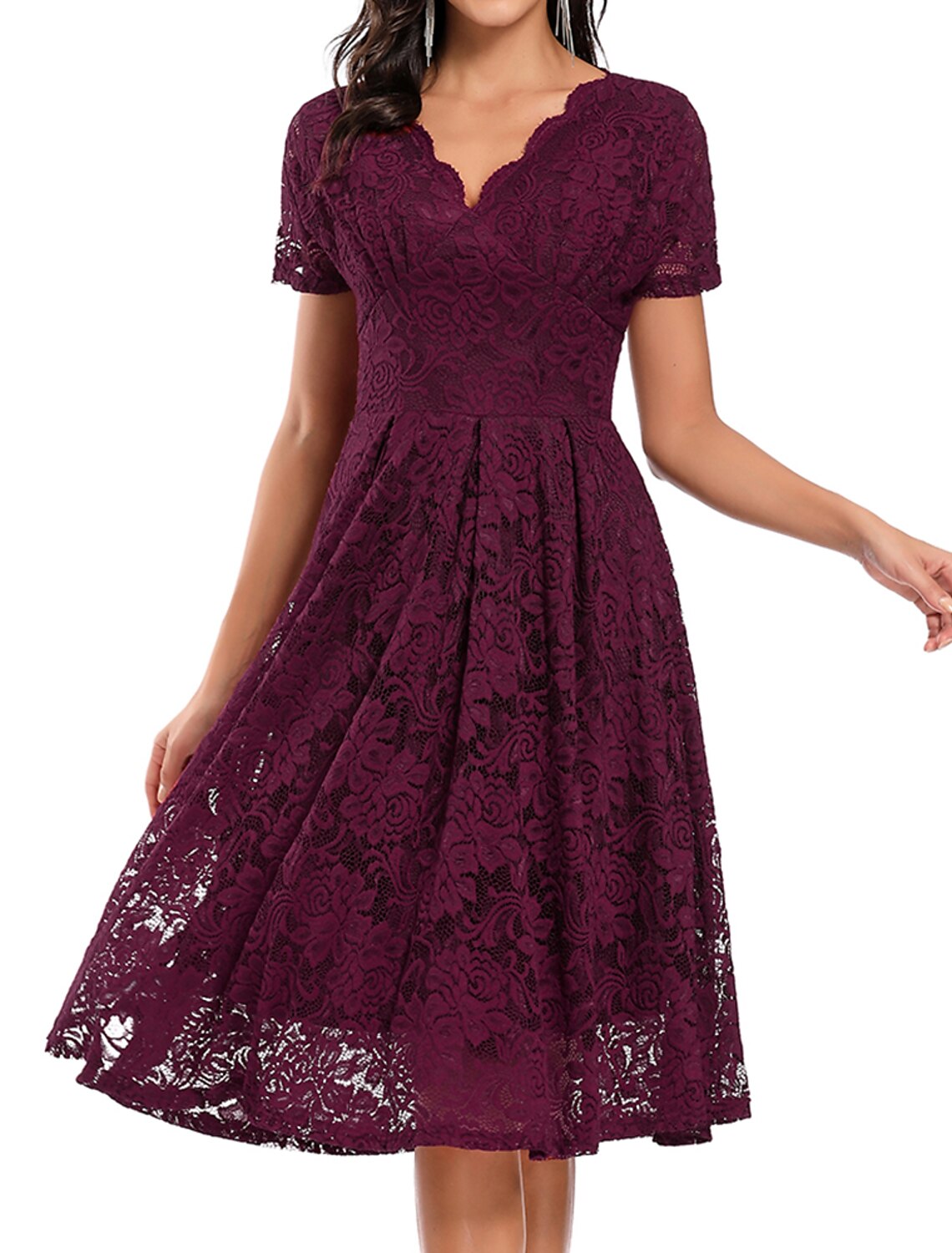 Wholesale A-Line Cocktail Dresses Vintage Dress Party Wear Wedding Guest Knee Length Short Sleeve V Neck Lace with Pleats