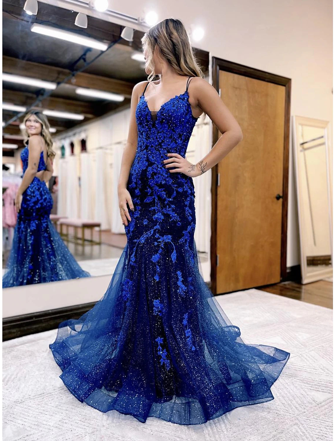 Wholesale  Mermaid / Trumpet Prom Dresses Sparkle & Shine Dress Formal Wedding Party Court Train Sleeveless V Neck Tulle Backless with Glitter Beading Appliques