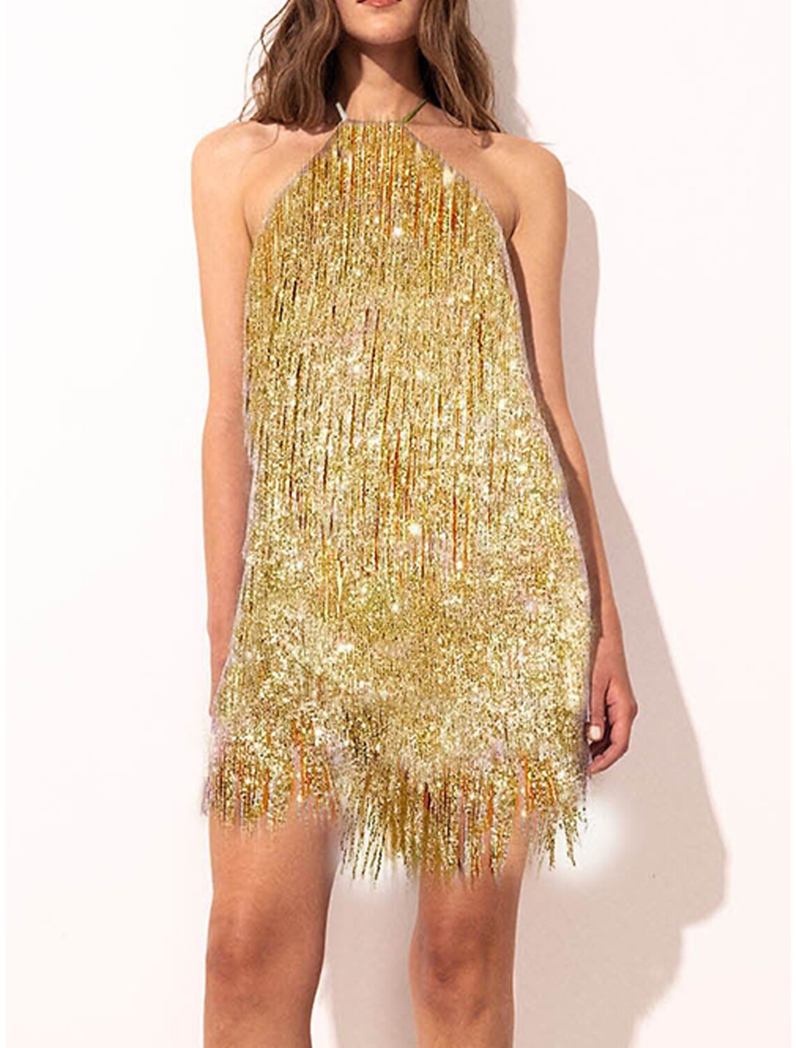 Wholesale Women's Gold Sequin Dress Fringe Dress Party Dress Sparkly Dress Homecoming Dress Mini Dress Purple Sleeveless Sparkly Glitter Spring Fall Winter Halter Neck Fashion
