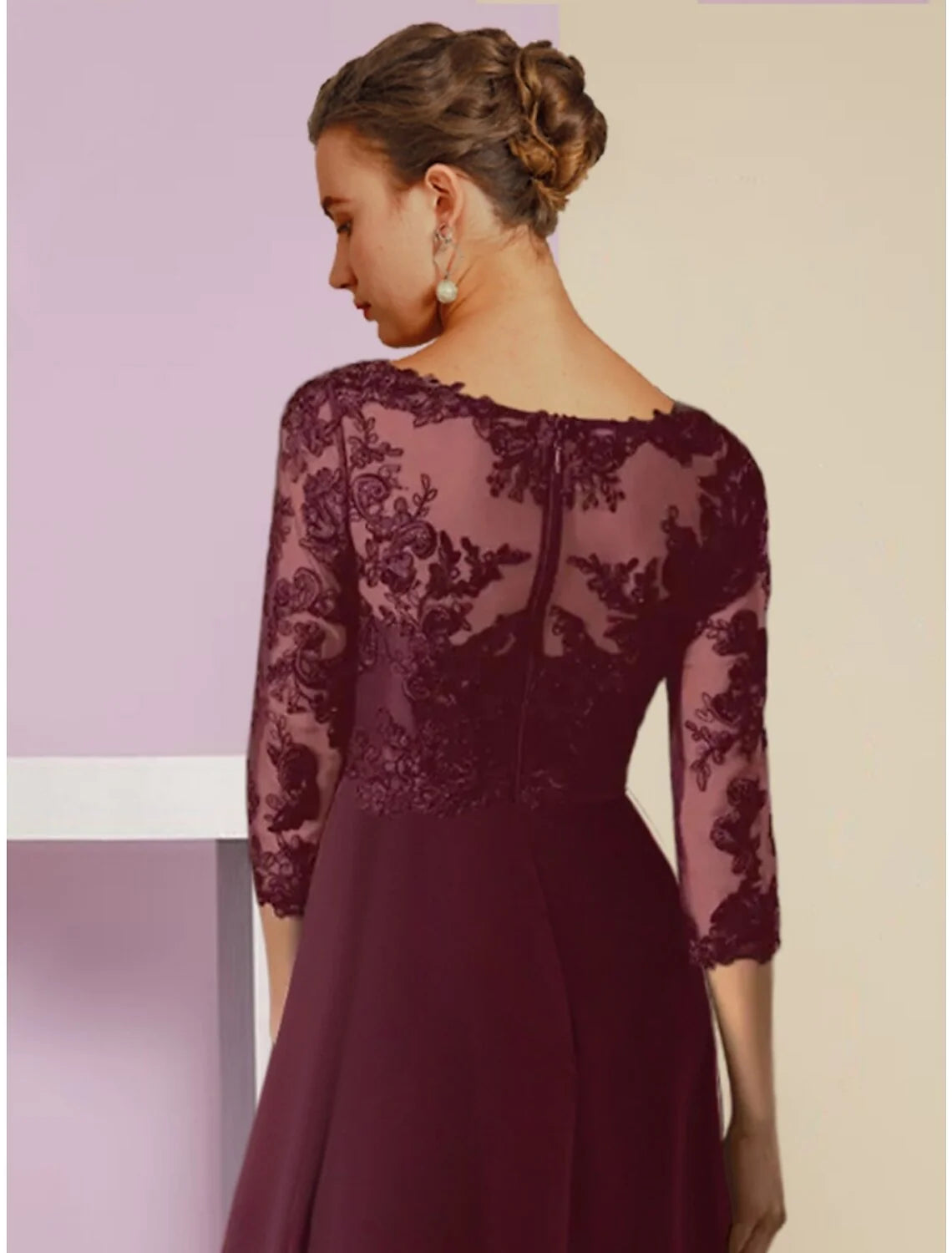 Wholesale A-Line Mother of the Bride Dress Wedding Guest Vintage Elegant V Neck Asymmetrical Chiffon 3/4 Length Sleeve with Crystal Brooch Ruching