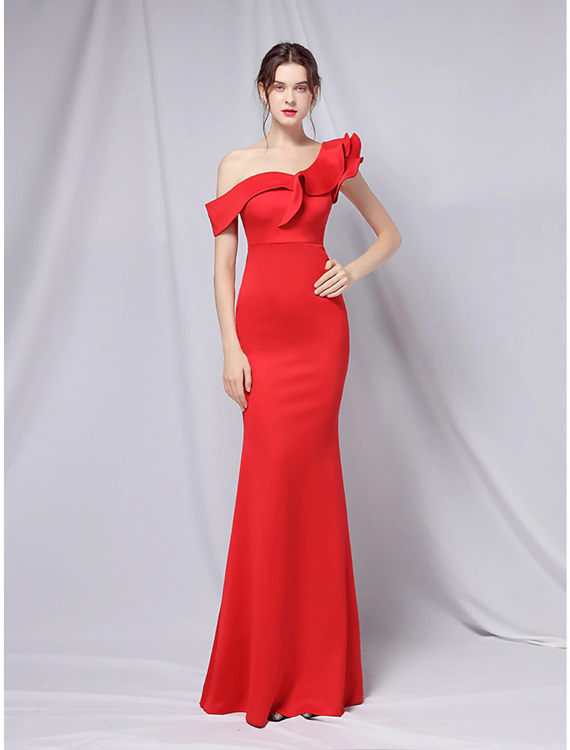 Wholesale Mermaid / Trumpet Evening Gown Empire Dress Wedding Guest Formal Evening Floor Length Short Sleeve One Shoulder Stretch Satin with Ruffles