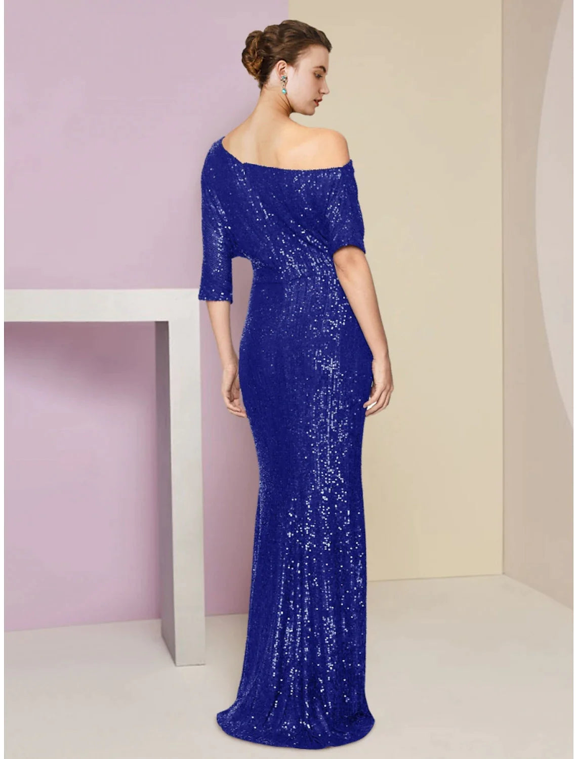 Wholesale Sheath / Column Mother of the Bride Dress Wedding Guest Sparkle & Shine Elegant Off Shoulder Sweep / Brush Train Sequined Half Sleeve with Sequin Ruching Solid Color