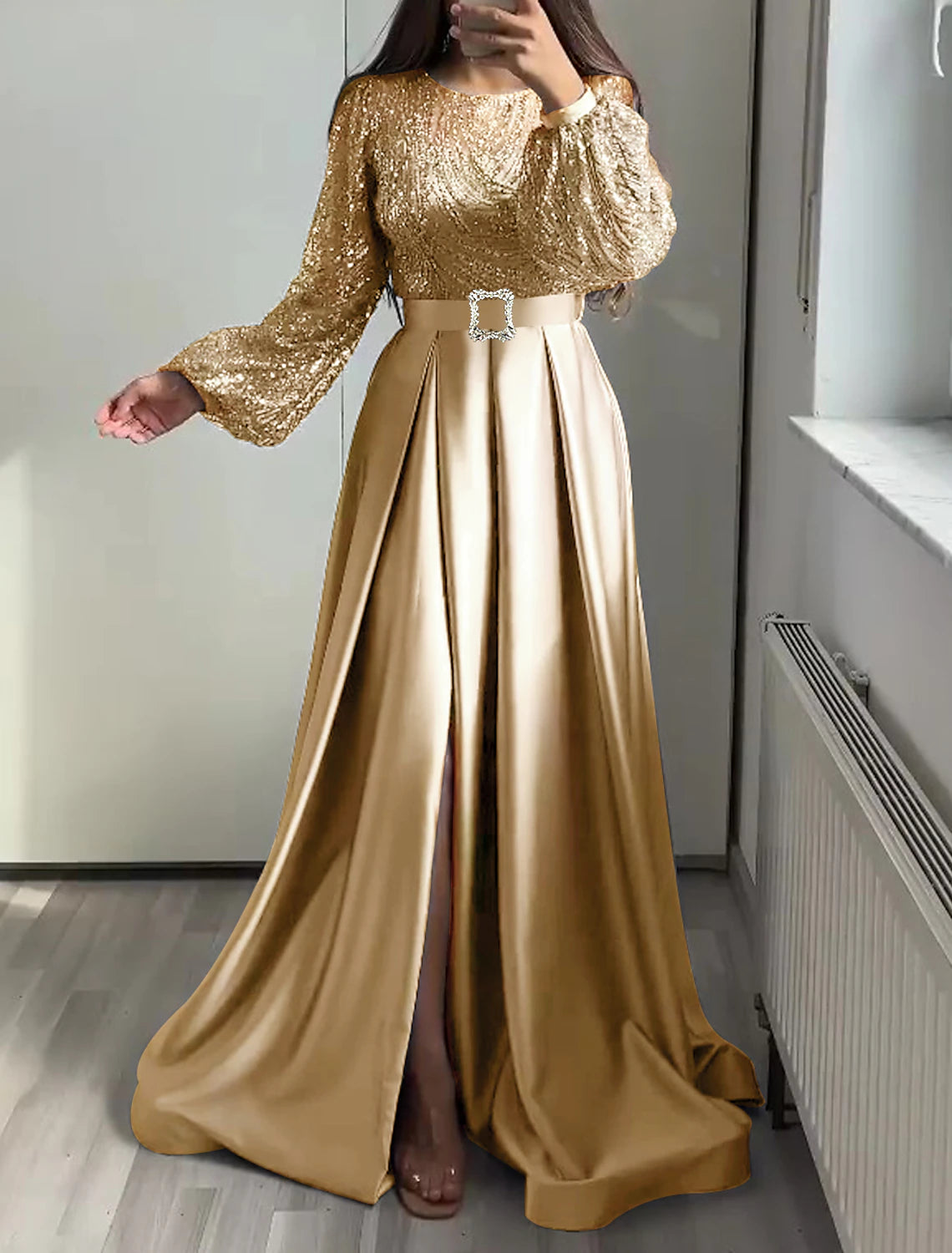 Wholesale A-Line Evening Gown Elegant Dress Wedding Black Tie Floor Length Long Sleeve Jewel Neck Fall Wedding Guest Satin with Sequin