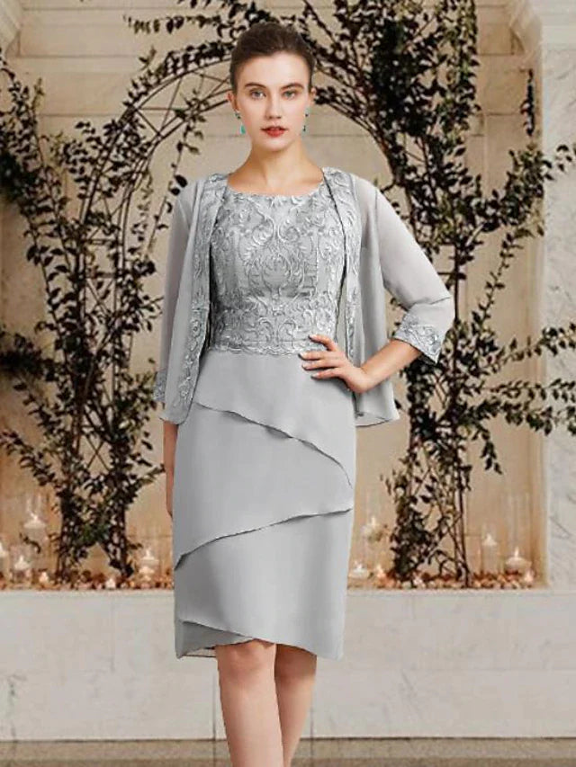 Wholesale Two Piece Sheath / Column Mother of the Bride Dress Church Elegant Square Neck Jewel Neck Knee Length Chiffon Lace Sleeveless Wrap Included with Ruffles Appliques