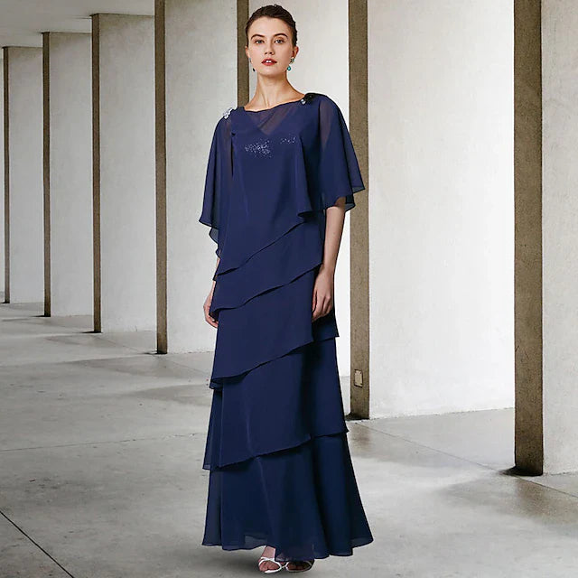 Wholesale A-Line Mother of the Bride Dress Elegant V Neck Floor Length Chiffon Sequined Sleeveless Wrap Included with Sequin Ruffles