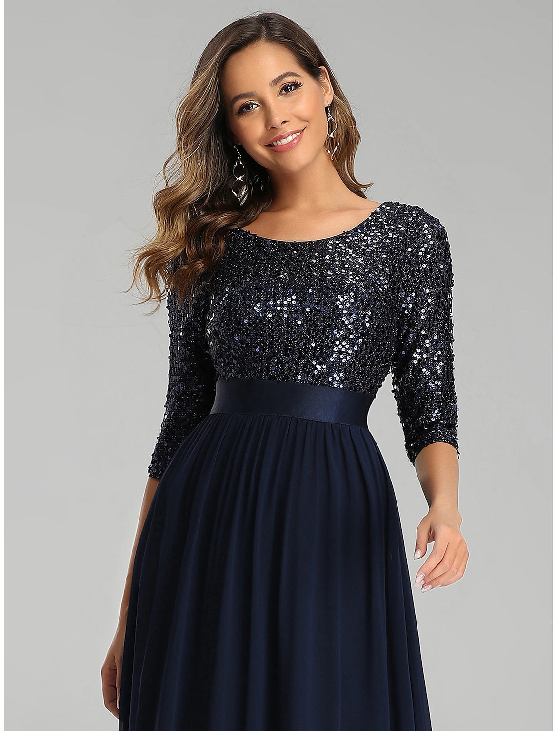 Wholesale A-Line Elegant Wedding Guest Formal Evening Dress Jewel Neck 3/4 Length Sleeve Floor Length Tulle with Sequin