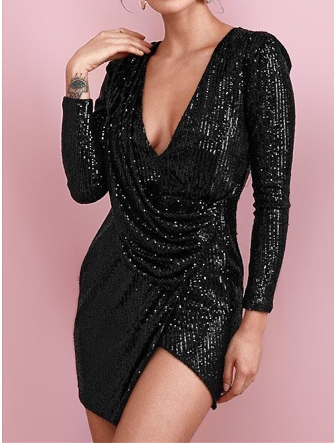 Wholesale Women's Black Sequin Dress Party Dress Sparkly Dress Little Black Dress Sexy Dress Black Homecoming Dress Mini Dress White Long Sleeve Sparkly Glitter Spring Fall Winter