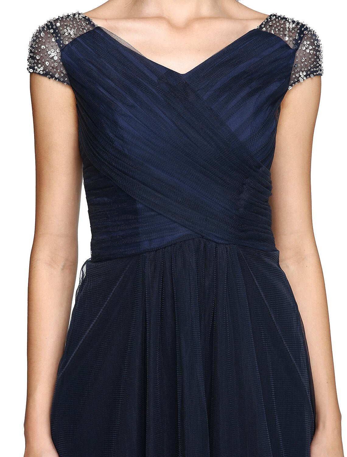 Wholesale  Sheath / Column Minimalist Dress Wedding Guest Prom Asymmetrical Short Sleeve V Neck Bridesmaid Dress Tulle V Back with Criss Cross Pleats Beading