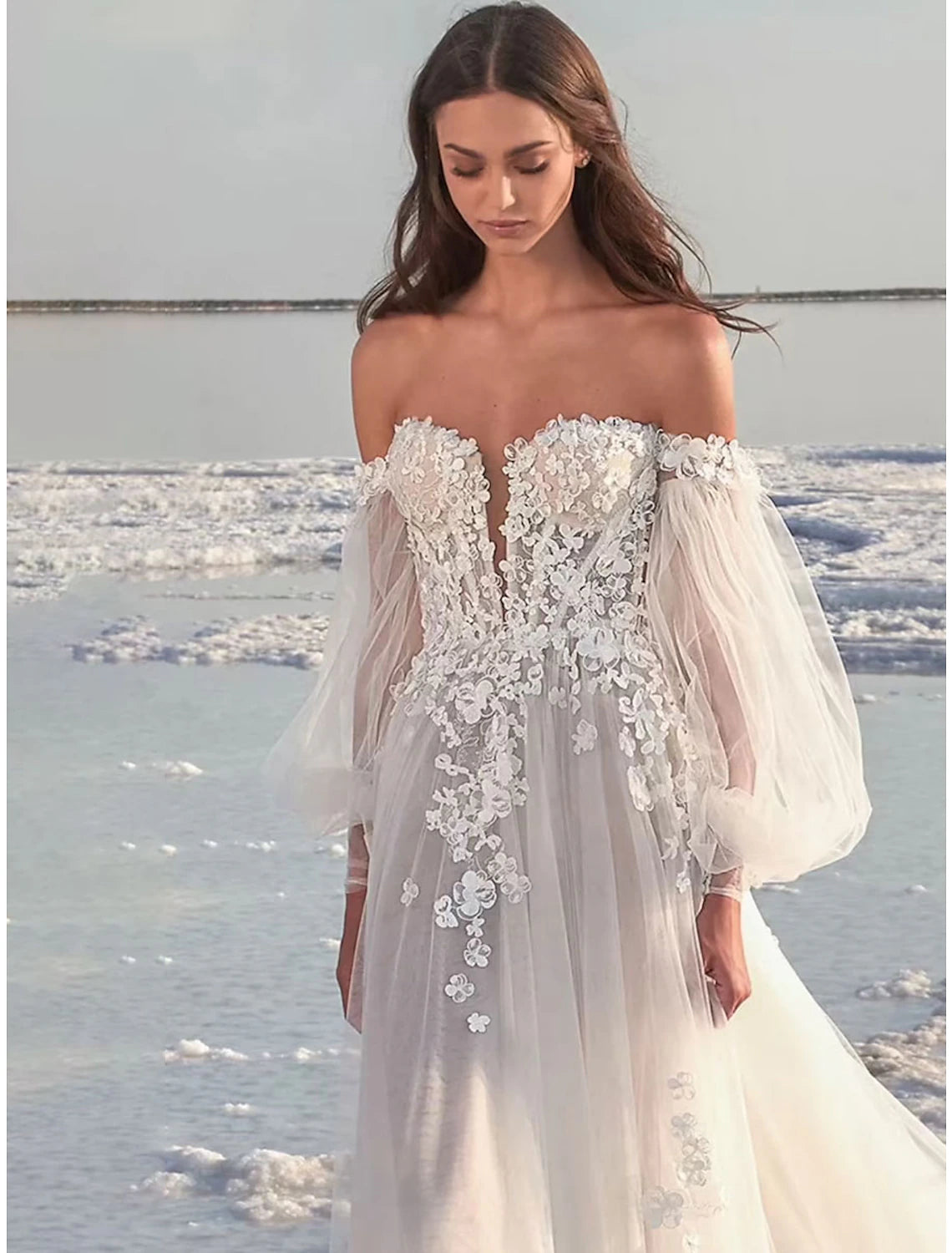 Wholesale Beach Formal Wedding Dresses A-Line Off Shoulder Long Sleeve Court Train Lace Bridal Gowns With Appliques