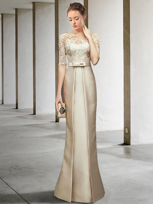 Wholesale Mermaid / Trumpet Mother of the Bride Dress Elegant Jewel Neck Knee Length Satin Lace Half Sleeve with Bow(s) Appliques