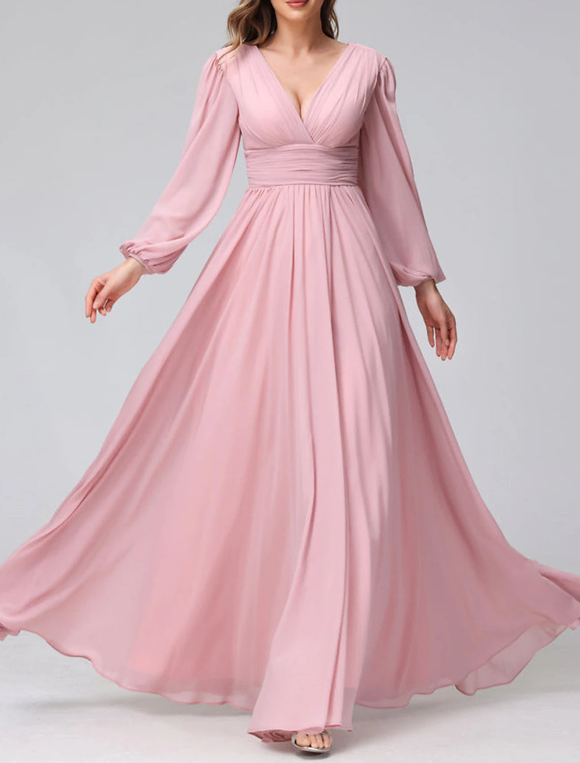 Wholesale A-Line Bridesmaid Dress V Neck Long Sleeve Pink Floor Length Chiffon with Split Front / Ruching