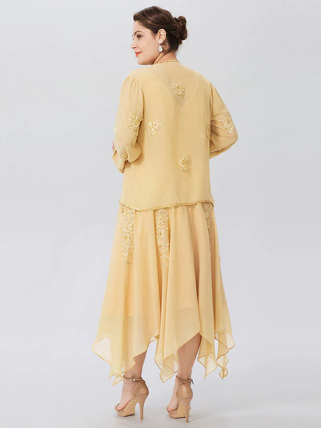 Wholesale A-Line Mother of the Bride Dress Formal Plus Size Elegant High Low V Neck Asymmetrical Chiffon Beaded Lace Long Sleeve Wrap Included with Beading Appliques