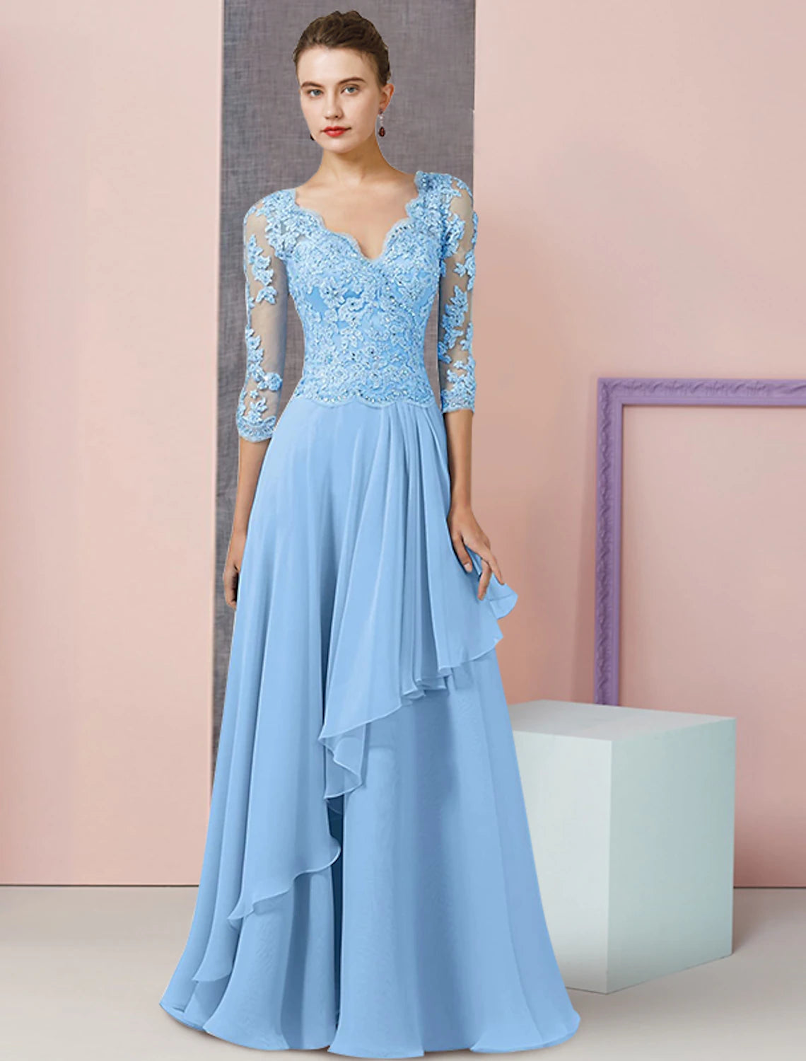 Wholesale  Two Piece A-Line Mother of the Bride Dress Formal Wedding Guest Party Elegant V Neck Floor Length Chiffon Lace Half Sleeve Wrap Included with Beading Sequin Appliques