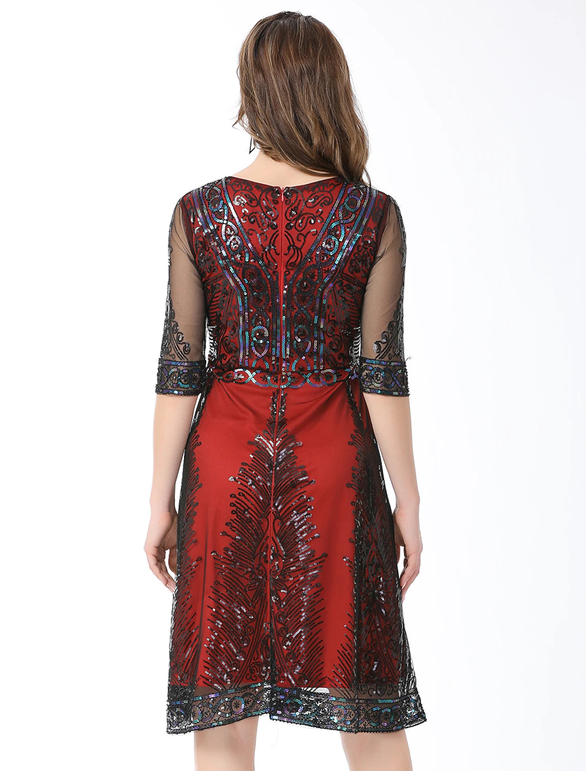 Wholesale A-Line Elegant Vintage Holiday Party Wear Dress Jewel Neck Half Sleeve Knee Length Cotton Blend with Sequin Splicing