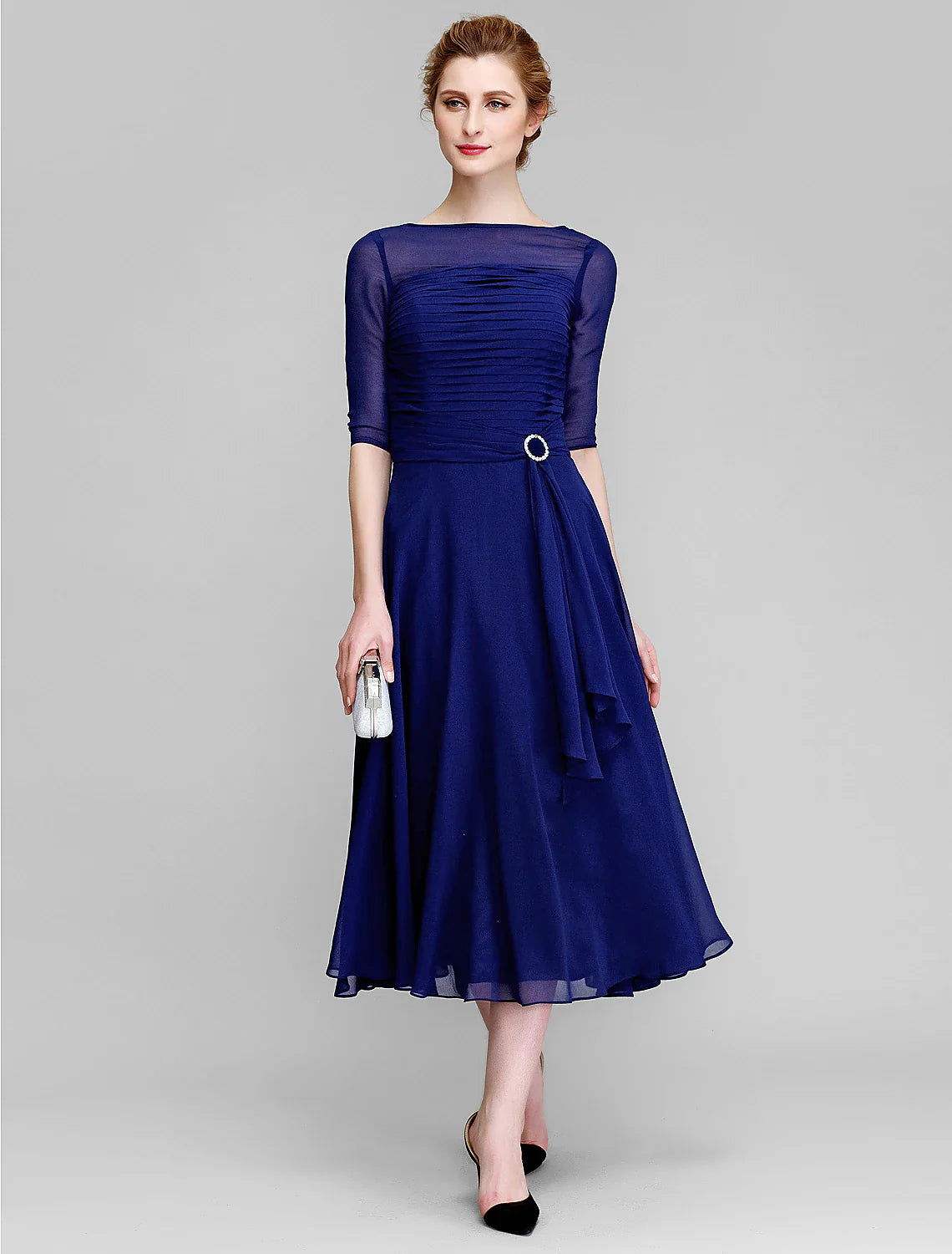 Wholesale A-Line Mother of the Bride Dress Fall Wedding Guest Dresses Plus Size Elegant Bateau Neck Tea Length Chiffon Half Sleeve with Ruched