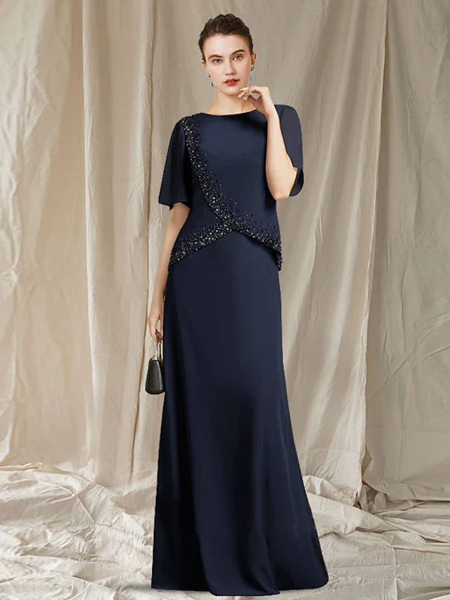 Wholesale A-Line Mother of the Bride Dress Elegant Jewel Neck Floor Length Chiffon Short Sleeve with Crystals