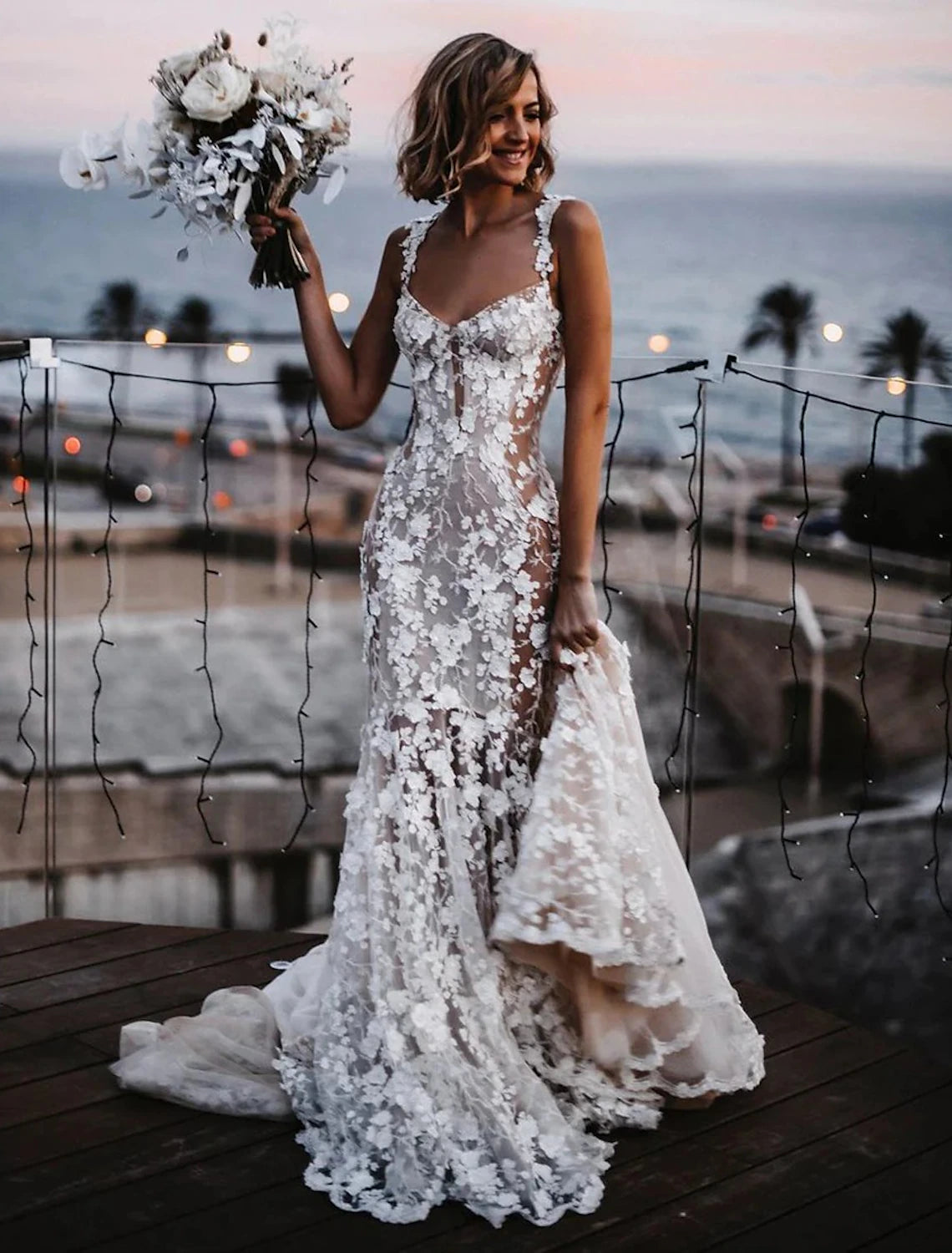 Wholesale  Beach Sexy Boho Wedding Dresses Mermaid / Trumpet Sweetheart Regular Straps Court Train Lace Bridal Gowns With Appliques Summer Fall Wedding Party