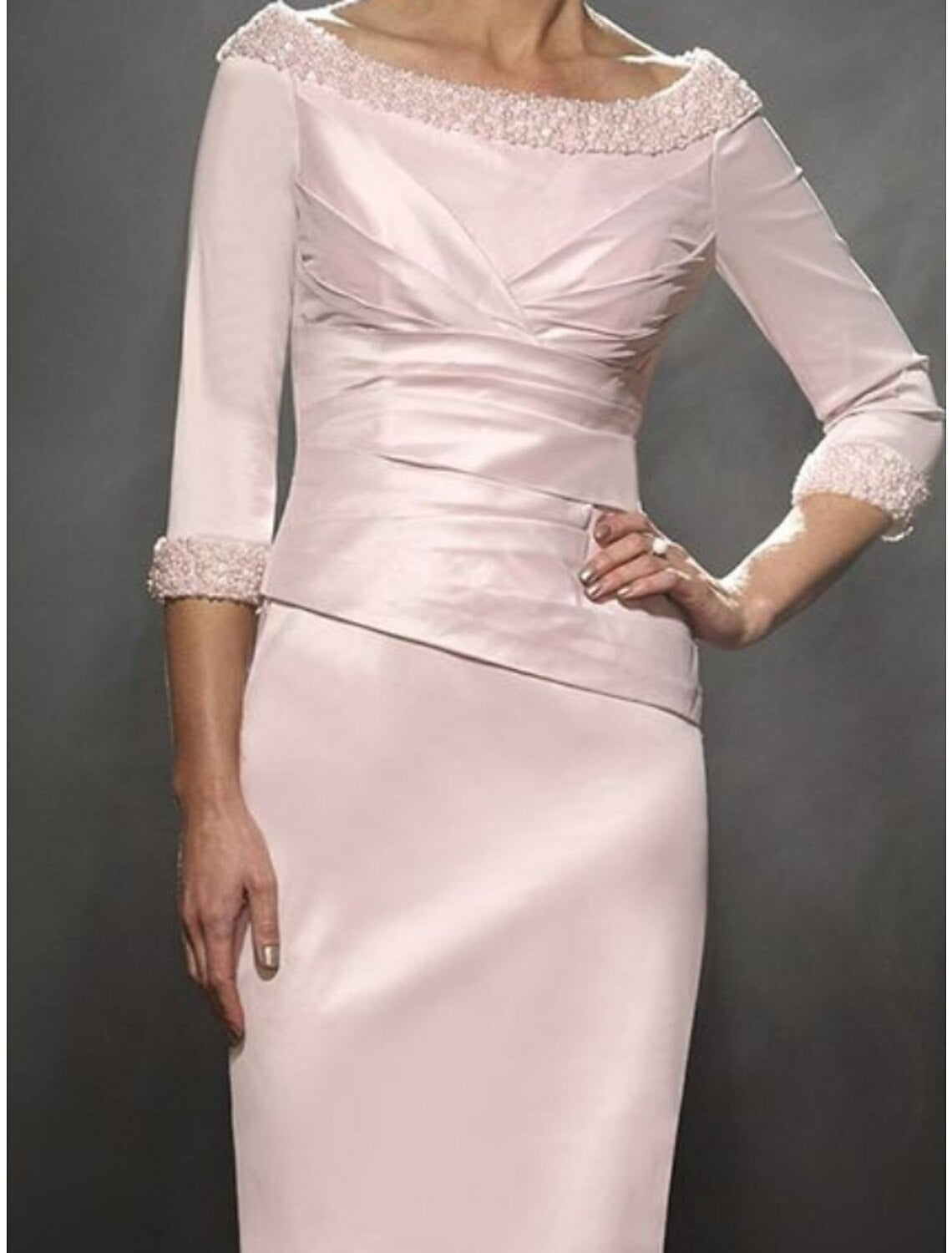 Wholesale Sheath / Column Mother of the Bride Dress Wedding Guest Elegant Petite Scoop Neck Short / Mini Taffeta 3/4 Length Sleeve with Beading Ruching Fall