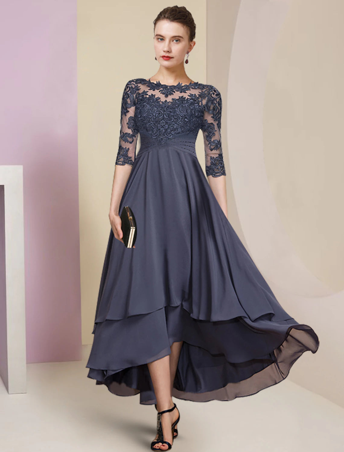 Wholesale  Sheath / Column Mother of the Bride Dress Wedding Guest Party Elegant High Low Jewel Neck Asymmetrical Chiffon Lace Half Sleeve with Pleats Solid