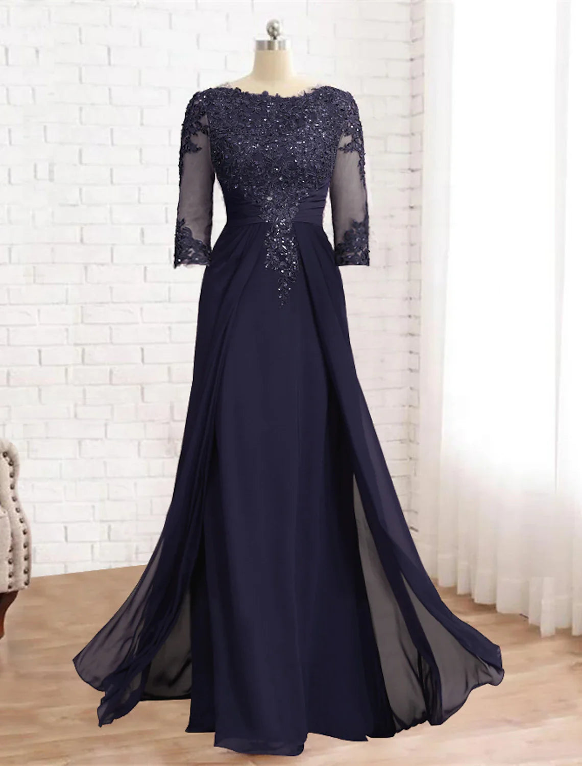 Wholesale Sheath / Column Mother of the Bride Dress Formal Fall Wedding Guest Elegant Sequin Scoop Neck Floor Length Chiffon Lace 3/4 Sleeve with Appliques Sparkle & Shine